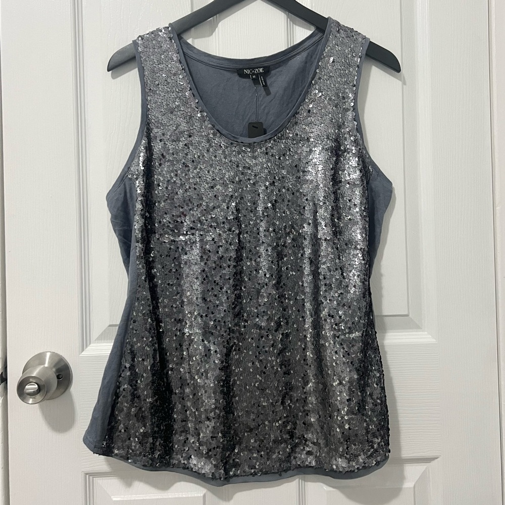 Nic+Zoe Women’s Blue/Grey Slate Sequin Sleeveless tank top blouse New Medium